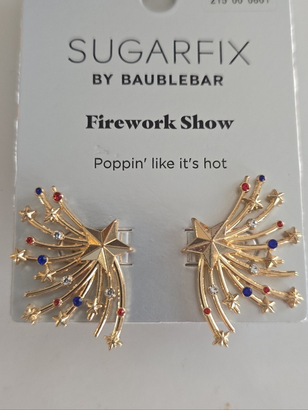 Firework Show Gold Starburst Earrings - Red & Blue Accents. Stub Backs.